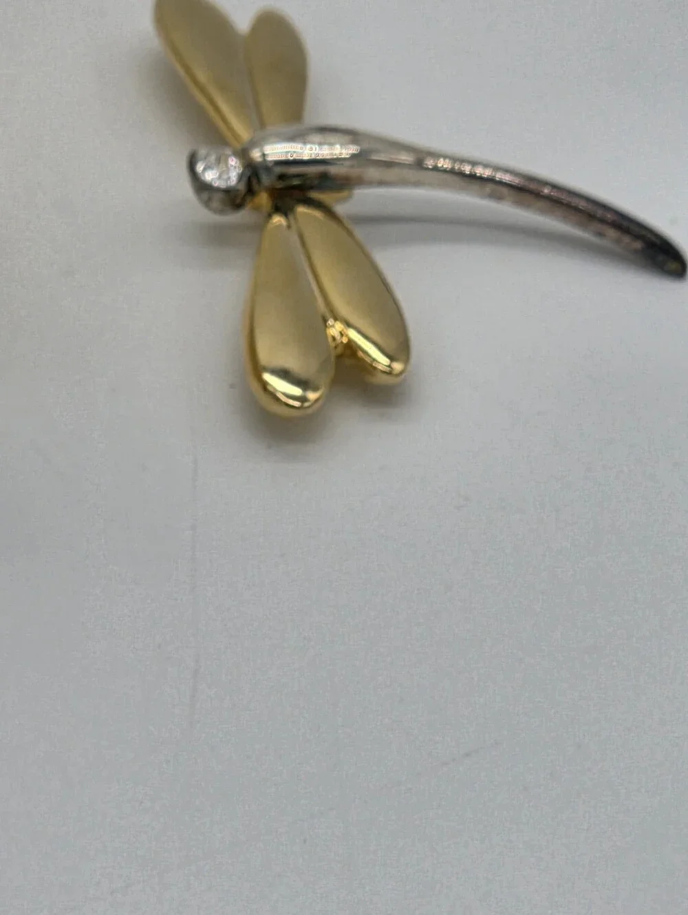 Gold & Silver Dragonfly Brooch with Crystal Accent